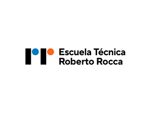 Escuela Técnica Roberto Rocca logo with abstract blue and orange circles and black bars