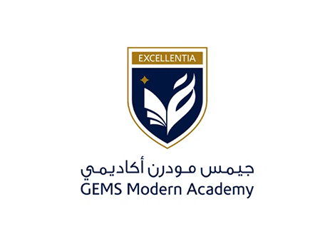 GEMS Modern Academy logo with shield, leaf emblem, “Excellentia” banner, and Arabic and English text