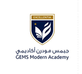 GEMS Modern Academy logo with shield, leaf emblem, “Excellentia” banner, and Arabic and English text