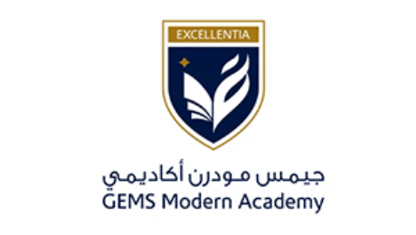 GEMS Modern Academy logo with shield, leaf emblem, “Excellentia” banner, and Arabic and English text