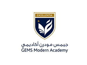 GEMS Modern Academy logo with shield, leaf emblem, “Excellentia” banner, and Arabic and English text