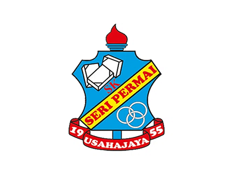 SK Seri Permai school crest with torch, book, interlocking rings, and motto “Usahajaya”