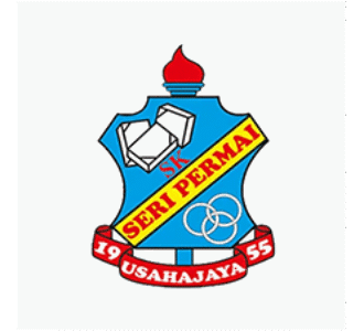 SK Seri Permai school crest with torch, book, interlocking rings, and motto “Usahajaya”
