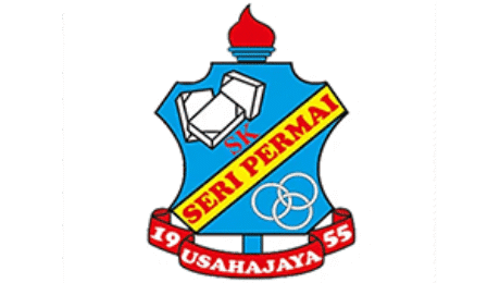 SK Seri Permai school crest with torch, book, interlocking rings, and motto “Usahajaya”