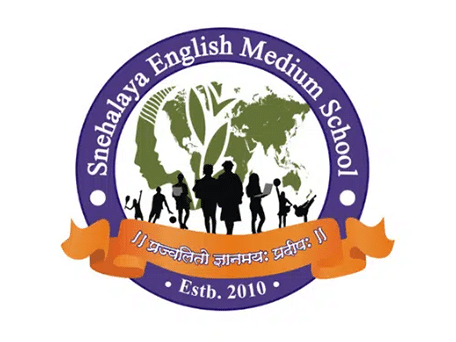 Snehalaya English Medium School logo with world map, children silhouettes, and ribbon motto