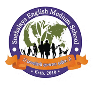 Snehalaya English Medium School logo with world map, children silhouettes, and ribbon motto