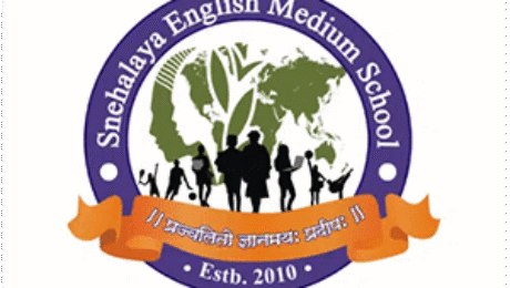 Snehalaya English Medium School logo with world map, children silhouettes, and ribbon motto