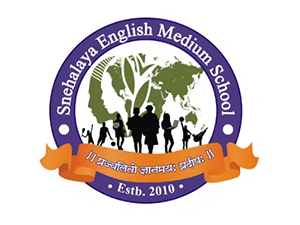Snehalaya English Medium School logo with world map, children silhouettes, and ribbon motto