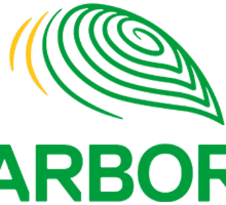 Abstract logo with green background and a yellow curved shape in the upper left
