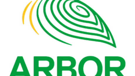 Abstract logo with green background and a yellow curved shape in the upper left