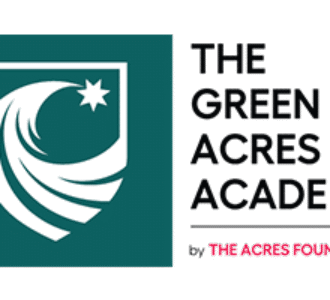 Green Acres Academy logo featuring a stylized white shield with a flowing leaf and star on a teal background