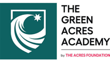 Green Acres Academy logo featuring a stylized white shield with a flowing leaf and star on a teal background