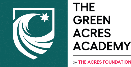 Green Acres Academy logo featuring a stylized white shield with a flowing leaf and star on a teal background