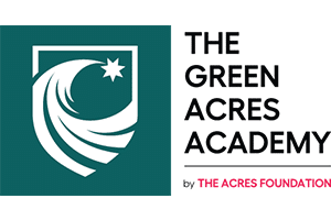 Green Acres Academy logo featuring a stylized white shield with a flowing leaf and star on a teal background