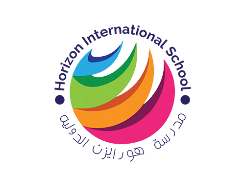 Horizon International School logo featuring a multicolored globe with English and Arabic text