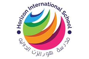 Horizon International School logo featuring a multicolored globe with English and Arabic text