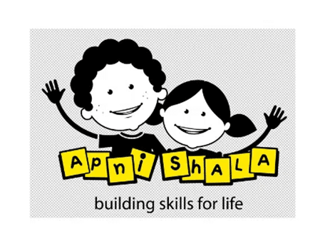 Apni Shala Apni Shala logo with two children and tagline.