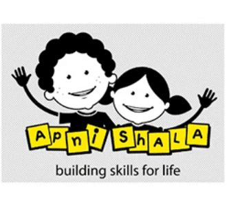 Apni Shala logo with two children and tagline.