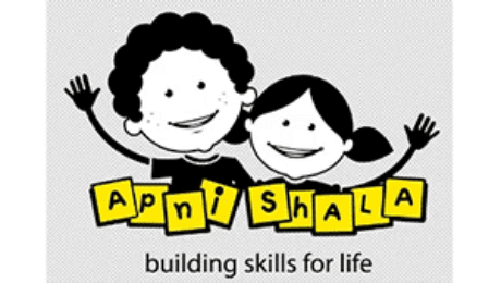 Apni Shala logo with two children and tagline.