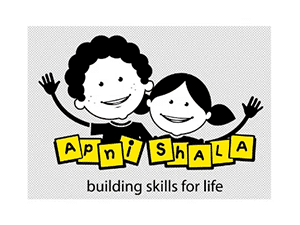 Apni Shala logo with two children and tagline.