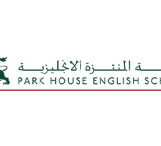 Abstract horizontal banner with dark green band and red wave pattern on a white background