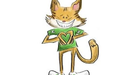 Cartoon cat mascot holding a green heart.