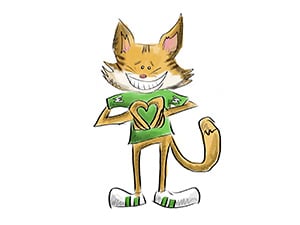 Cartoon cat mascot holding a green heart.