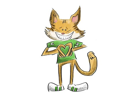 Cartoon cat mascot holding a green heart.