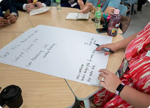 Workshop Brainstorming Session with Group Collaboration Person writing ideas on a large sheet of paper during a group workshop discussion