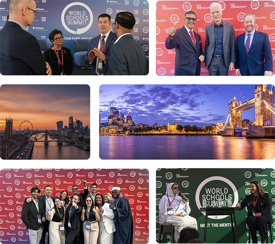 Collage of World Schools Summit moments including networking, speakers, city views, and group photos