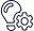 Line-style icon showing a human head with gears representing innovation, artificial intelligence, and problem-solving