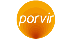 Porvir logo featuring white lowercase text inside an orange circular gradient design