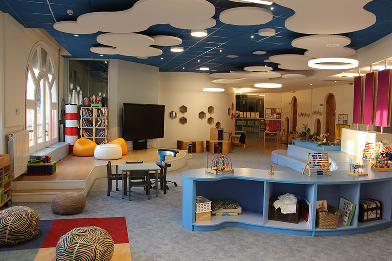 Modern early childhood classroom featuring flexible learning areas, educational resources, and student-centred design.
