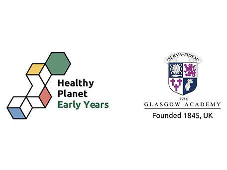 Healthy Planet Early Years and The Glasgow Academy logos representing a collaborative approach to early childhood education, sustainability, and academic excellence.