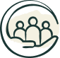 Icon showing a supportive hand beneath a group of people, representing mentorship, guidance, collaboration, and community support.
