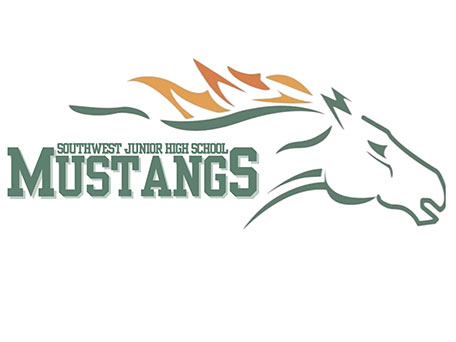 Southwest Junior High School Mustangs logo featuring a stylized horse symbol representing school spirit, leadership and achievement