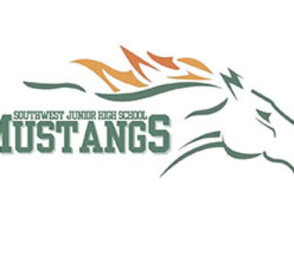 Southwest Junior High School Mustangs logo featuring a stylized horse symbol representing school spirit, leadership and achievement