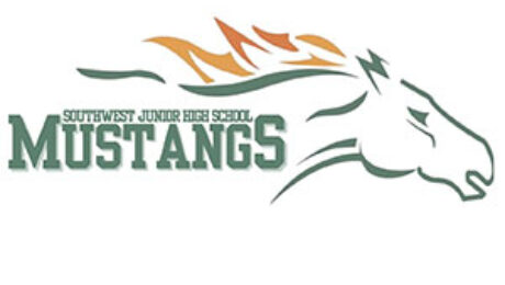 Southwest Junior High School Mustangs logo featuring a stylized horse symbol representing school spirit, leadership and achievement