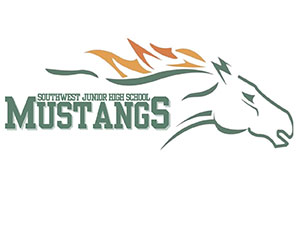 Southwest Junior High School Mustangs logo featuring a stylized horse symbol representing school spirit, leadership and achievement