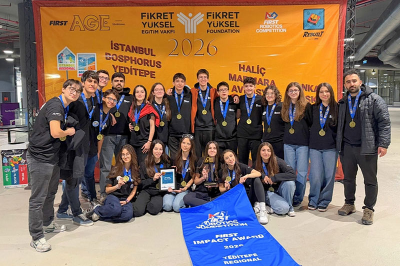 Darüşşafaka students celebrating success at a robotics competition with medals, awards and team recognition