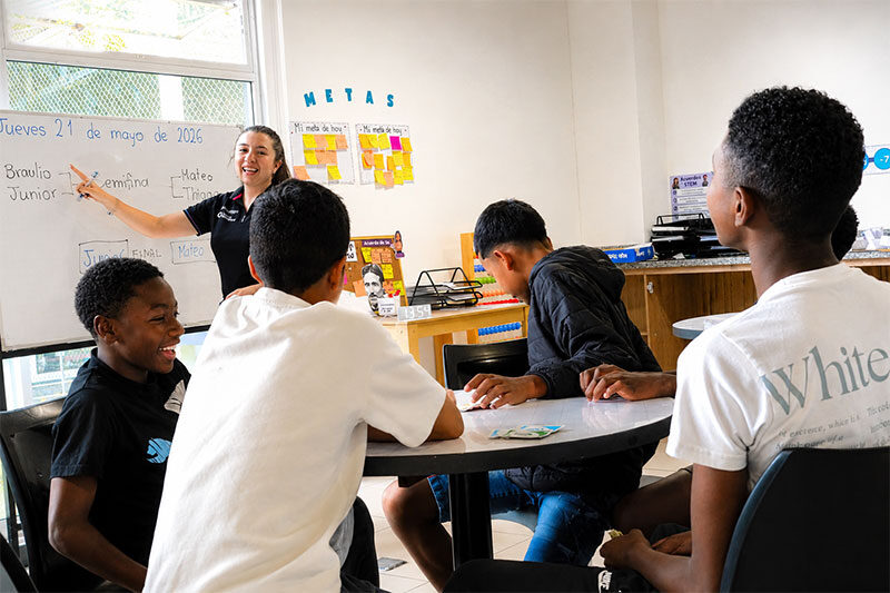 Teacher leading an interactive classroom lesson with students engaged in discussion and goal-setting activities