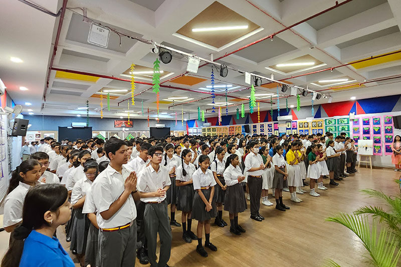 Students participating in a school assembly and mindfulness session at Seth Anandram Jaipuria School Lucknow