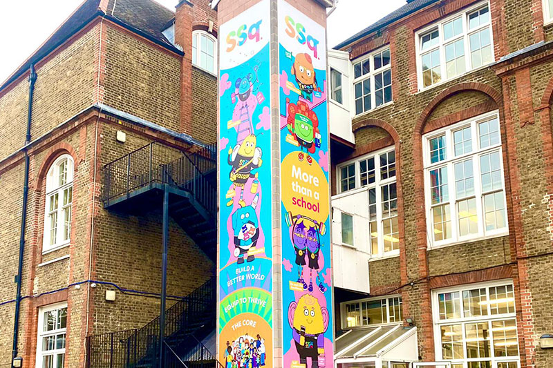 SSQ School building featuring colourful branding and a creative learning environment focused on student growth
