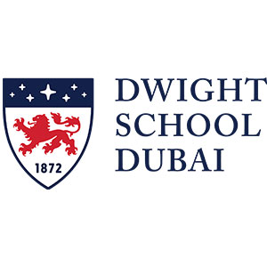 Dwight School Dubai logo featuring a red lion crest and the school's name.