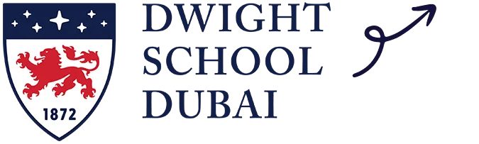 Dwight School Dubai logo with red lion crest, school name, and upward arrow symbol