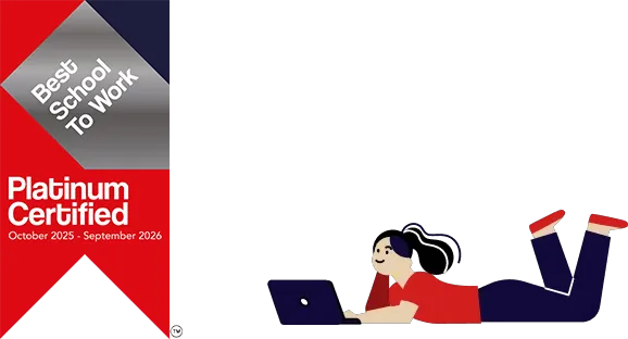 Best School to Work Platinum Certified 2025–2026 badge with illustration of a student using a laptop