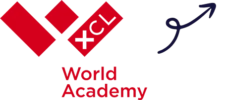 XCL World Academy logo with an upward arrow graphic representing growth, progress, and future success.