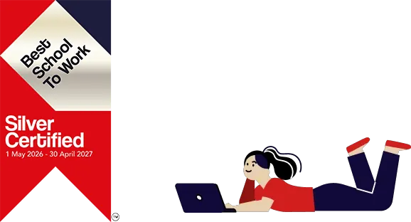 Best School to Work Silver Certified badge (1 May 2026 – 30 April 2027) displayed alongside an illustration of a person using a laptop.