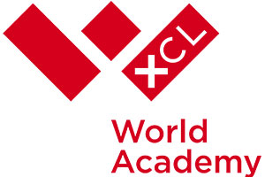 XCL World Academy logo featuring a red geometric X design with the text "World Academy".