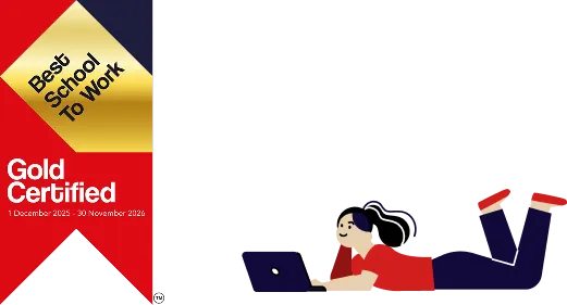 Best School to Work Gold Certified 2025–2026 badge with employee working on a laptop illustration